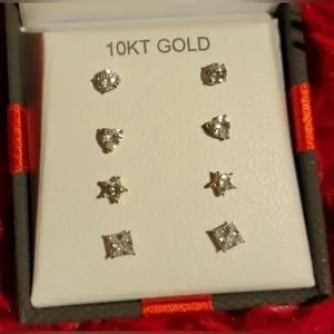 Gallery image 2 for 10K Gold and CZ Earrings, Set of Four Pair