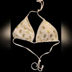 Gallery image 2 for Surf Style Juniors White Bikini w/Gold Lamé Dollar Signs $$