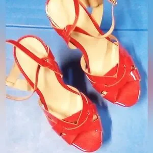 Gallery image 1 for OFFICE LONDON Red Patent Leather Strappy Platform Sandals