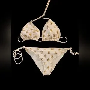 Surf Style Juniors White Bikini w/Gold Lamé Dollar Signs $$
