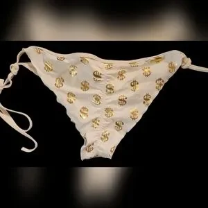 Gallery image 4 for Surf Style Juniors White Bikini w/Gold Lamé Dollar Signs $$