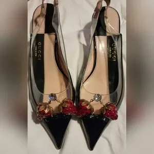 Gucci Eleanor Strawberry Plexi Slingbacks, 36.5